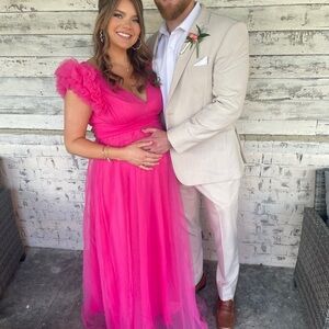 Hot Pink formal dress with Ruffled Sleeves, tulle material